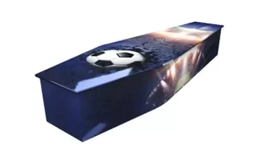 Coffin with rose football imagery displayed