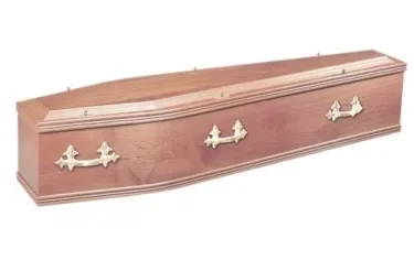 Blenheim coffin with Sapele veneered effect & raised lid.