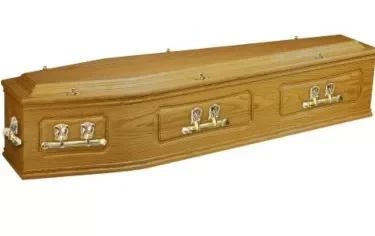Fareham medium oak coffin, affixed with handles in a medium oak