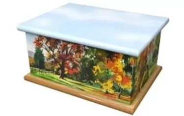 Ashes casket with autumnal imagery