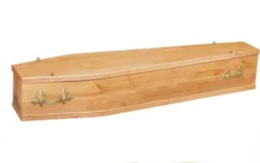 Simple coffin with simulated oak veneer finish.