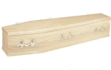 Aylesbury coffin, with gold toned handles and oak veneer.