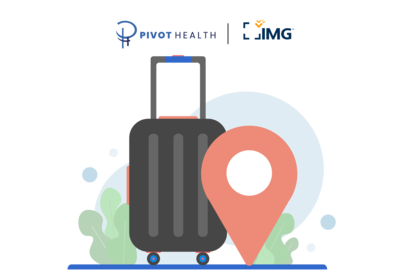 Pivot Health partners with IMG: Illustration of a travel suitcase and a location pin above assorted plants and shapes.