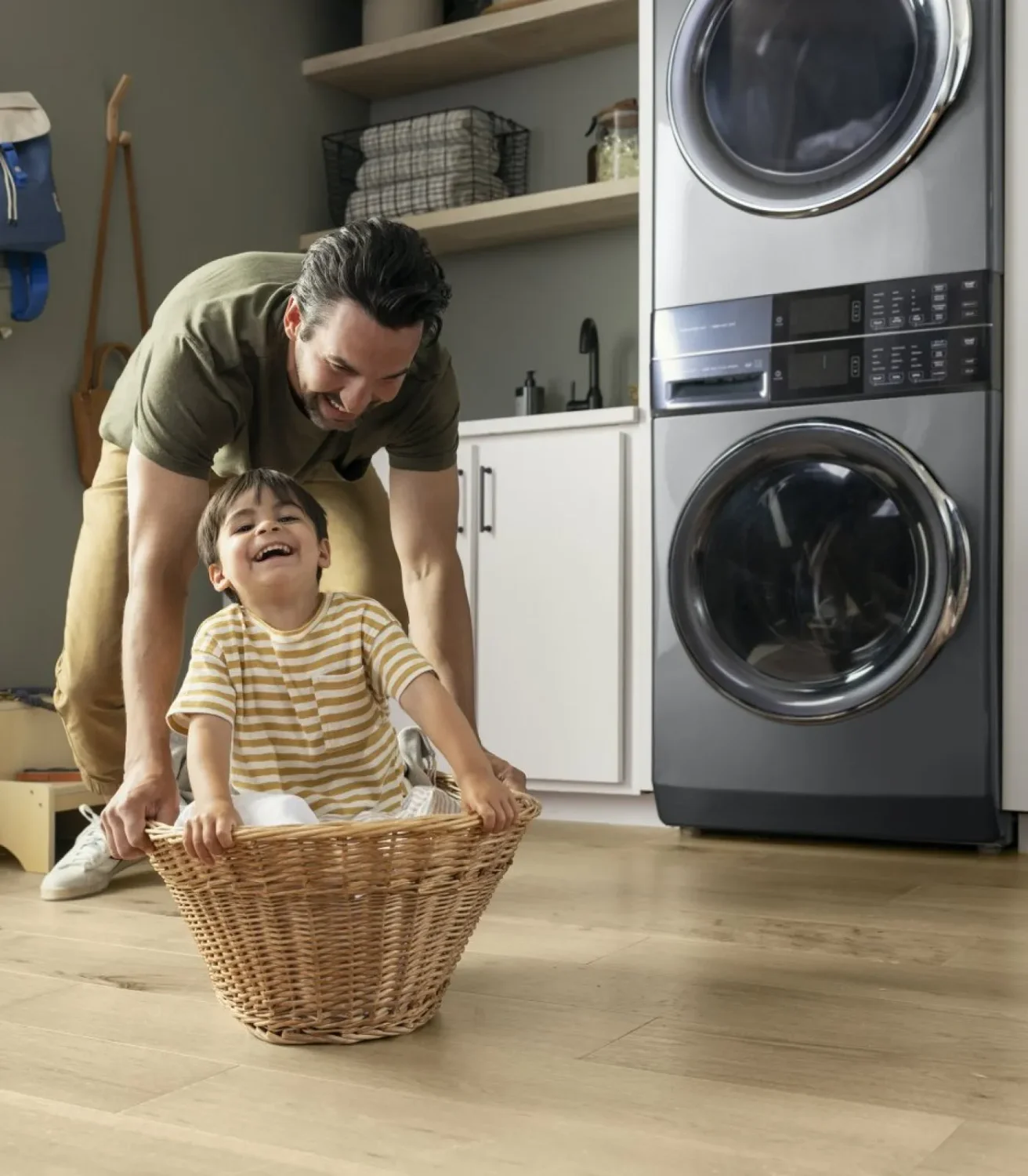 Image of a scene showing Electrolux Laundry Tower 5.2 cu.ft. Front Load Washer and 8 cu.ft. Electric Dryer Laundry Center