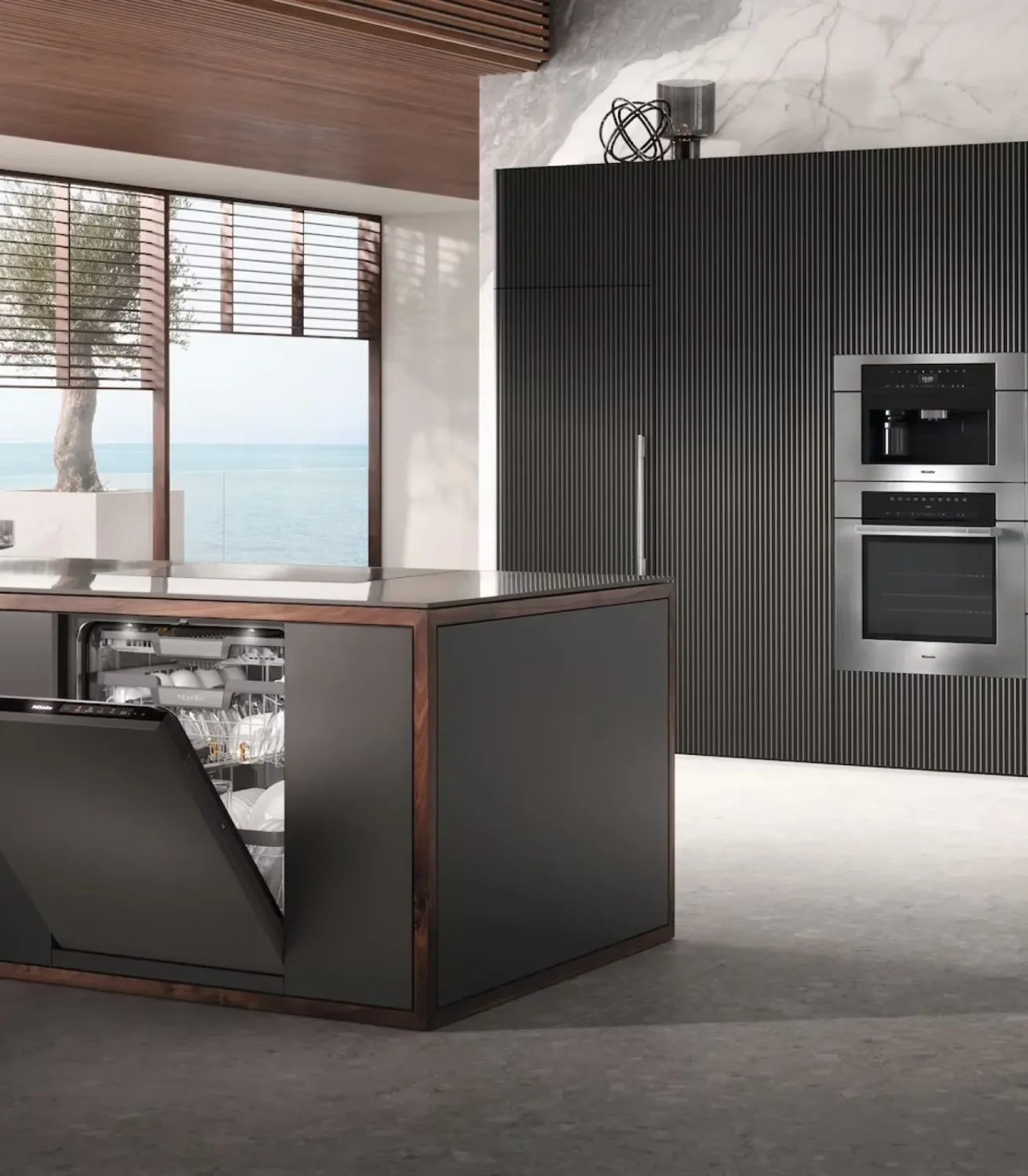 Image of a scene showing Miele 24 inch Dishwasher with Hidden Controls and Miele 30 inch Convection Wall Oven