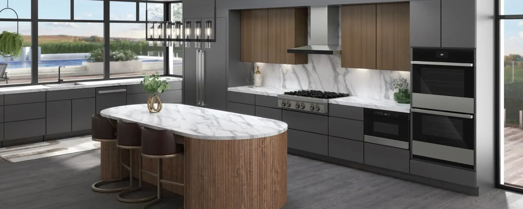 Image of a scene showing JennAir 36 inch Gas Rangetop and JennAir 1.2 cu.ft. Microwave Drawer and JennAir 30 inch Double Wall Oven with Convection and JennAir 24.2 cu.ft. Built-In French-Door Refrigerator and JennAir 36 inch 550 CFM Wall-Mount Hoodfan