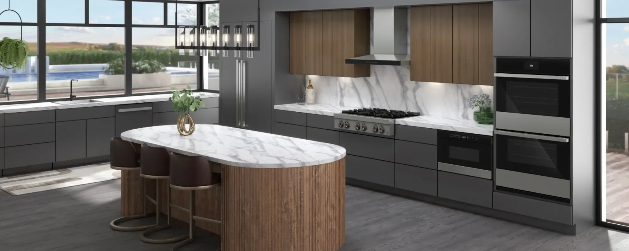Image of a scene showing JennAir 36 inch Gas Rangetop and JennAir 1.2 cu.ft. Microwave Drawer and JennAir 36 inch 550 CFM Wall-Mount Hoodfan and JennAir 30 inch Double Wall Oven with Convection and JennAir 24.2 cu.ft. Built-In French-Door Refrigerator