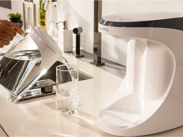 AquaTru Carafe unit on kitchen counter