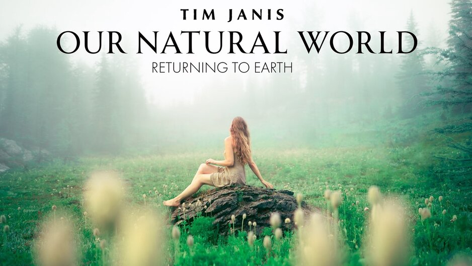 A woman sitting on a rock in a forest, text on image reads Tim Janis Our Natural World Returning to Earth