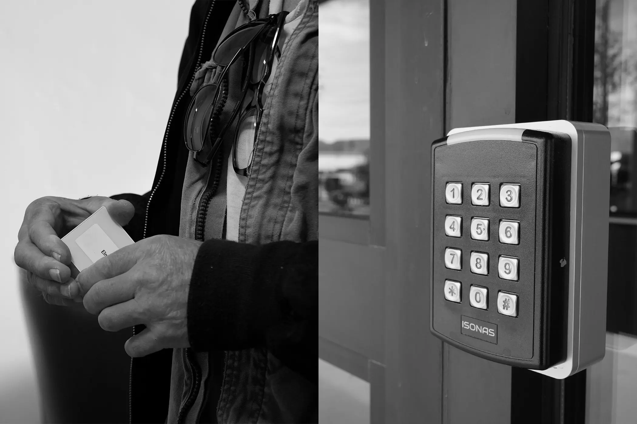 Elmore holds his keycard to the front door of the building. Only residents and scheduled visitors are allowed into Mother Teresa Place. Photo: Joshua Vorse, Rocky Mountain PBS