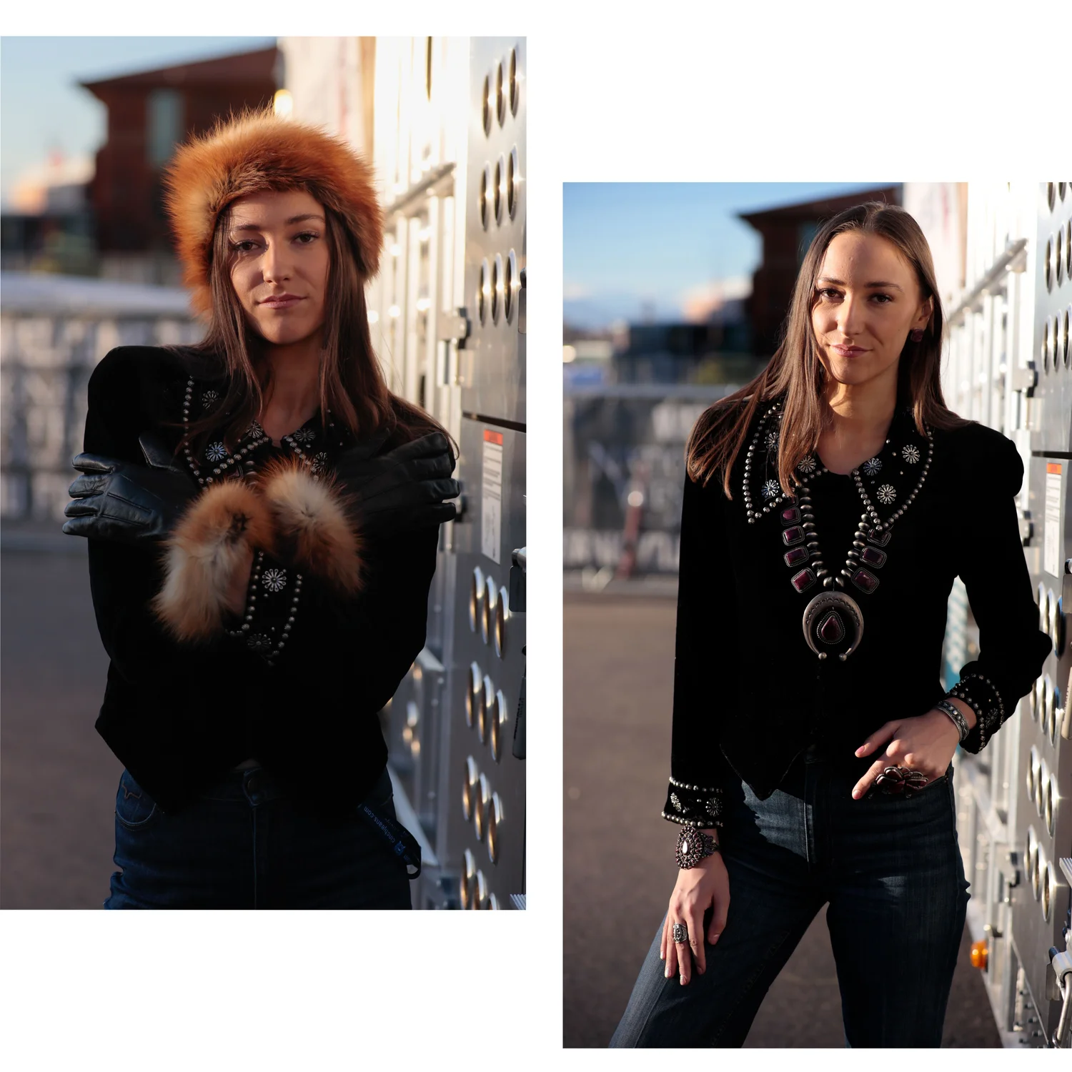 Left: Erin Rees of Laramie, Wyoming shows off a new hat and gloves that she bought at the Stock Show. The Hat is made from swift fox.   “Fur was under attack for a long time. I think the pendulum is shifting back though. I think it’s kind of having a resurgence because people are starting to realize that this is so much more renewable than faux fur, with micro-plastics.   Right: Rees wears a vintage Double D top, Kimes Ranch jeans, denim Nike Dunk sneakers, and a squash blossom necklace made by Navajo silversmith Ernest Begay at the Stock Show. Her necklace is set with purple spiny oyster shells instead of gemstones.   “I love Western fashion, but I hate wearing boots. They’re uncomfortable,” Rees said.   Photo: Cormac McCrimmon, Rocky Mountain PBS