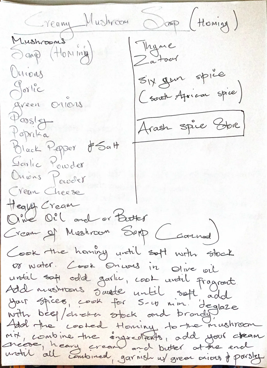 Ocean and Mpho Mapoulo's hominy creamy mushroom soup recipe.