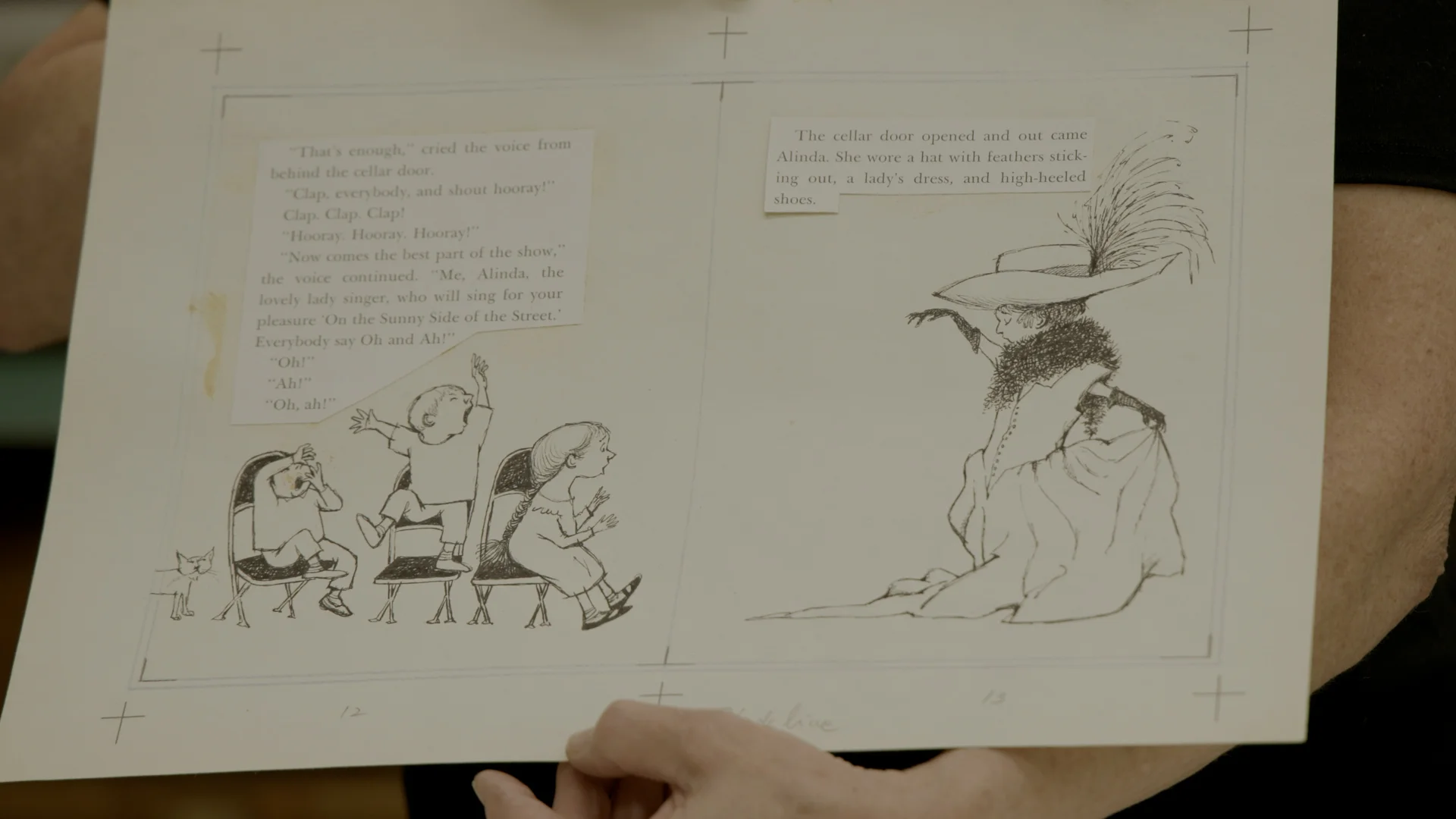 An original preparatory drawing from one of Sendak’s books includes black ink crop marks and rubber cement residue.  Photo: Andrea Kramar, Rocky Mountain PBS 