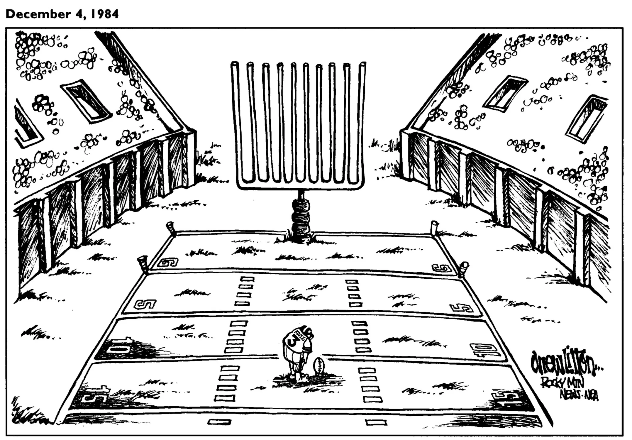 Litton’s 1984 drawing of Broncos placekicker Rich Karlis attempting a field goal. Litton credits this as one of his most memorable comics. Photo courtesy Drew Litton