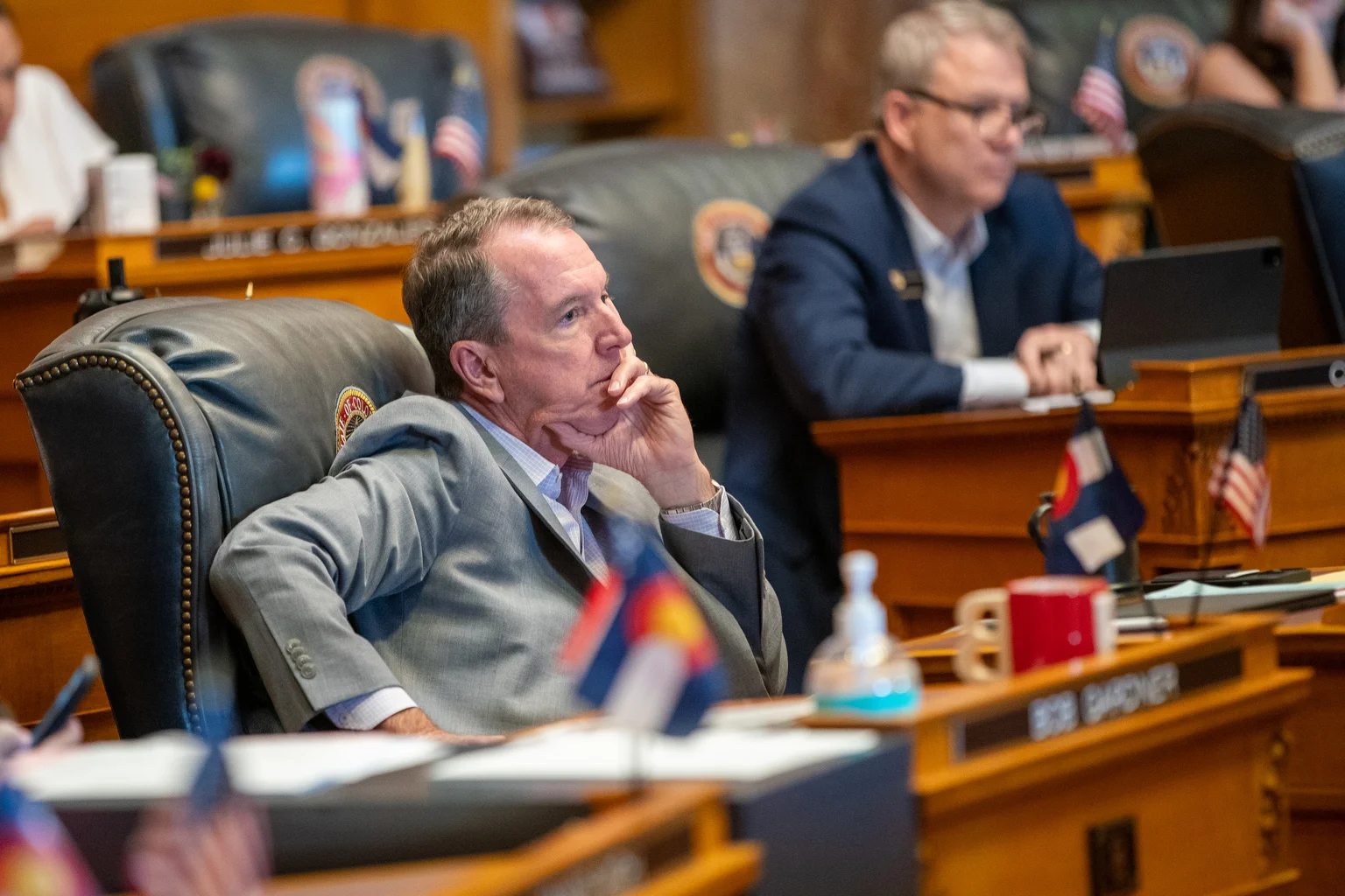 Senate Minority Leader Paul Lundeen said he wants lawmakers to remain open to working with the federal government. Here, Lundeen is pictured during floor debate over property taxes in a special legislative session, on Thurs., Aug. 29, 2024. Photo: Hart Van Denburg, CPR News