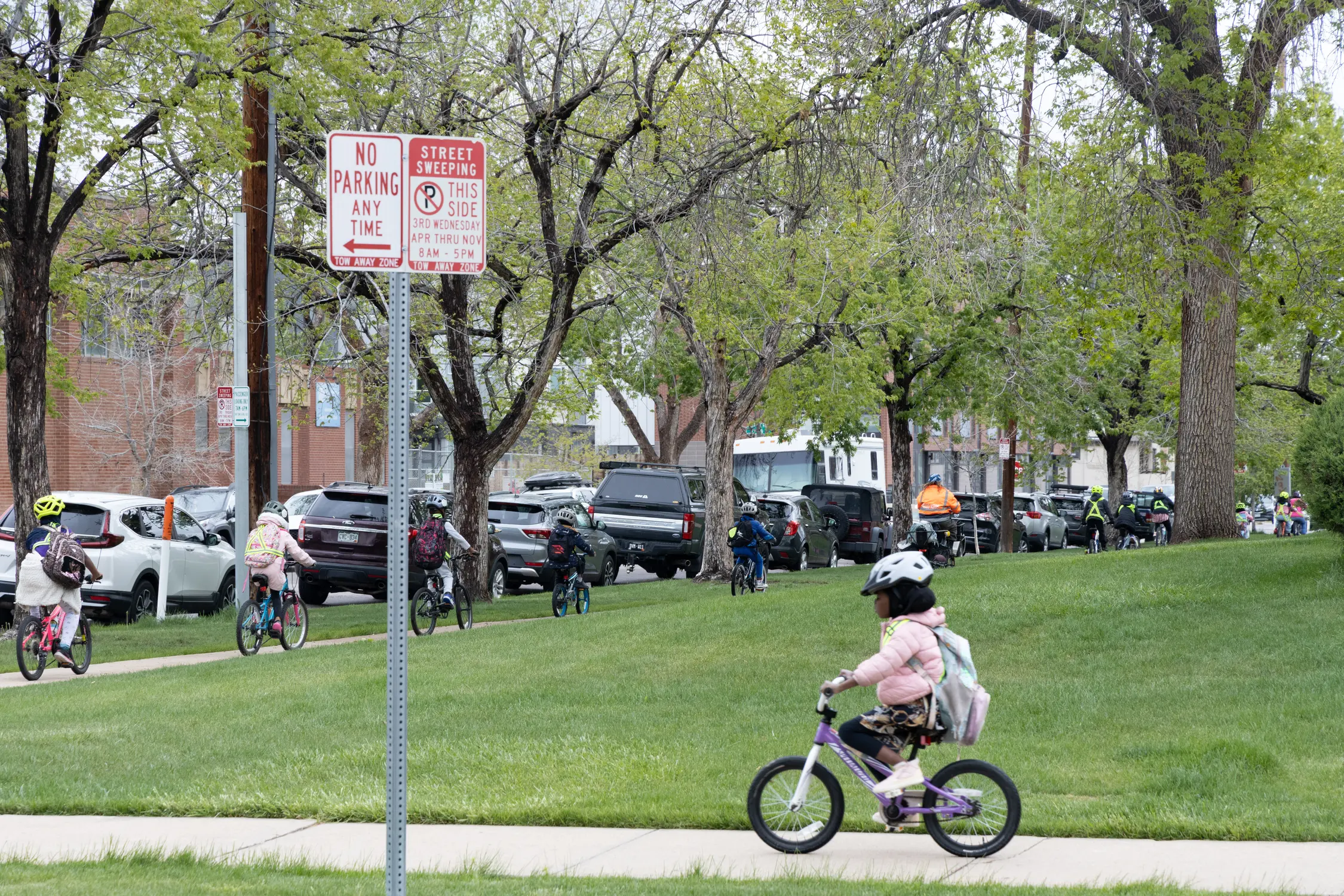 Students ride the inaugural bike bus home from Cheltenham Elementary School on national bike-to-school day May 7. Photo: Andrea Kramar, Rocky Mountain PBS