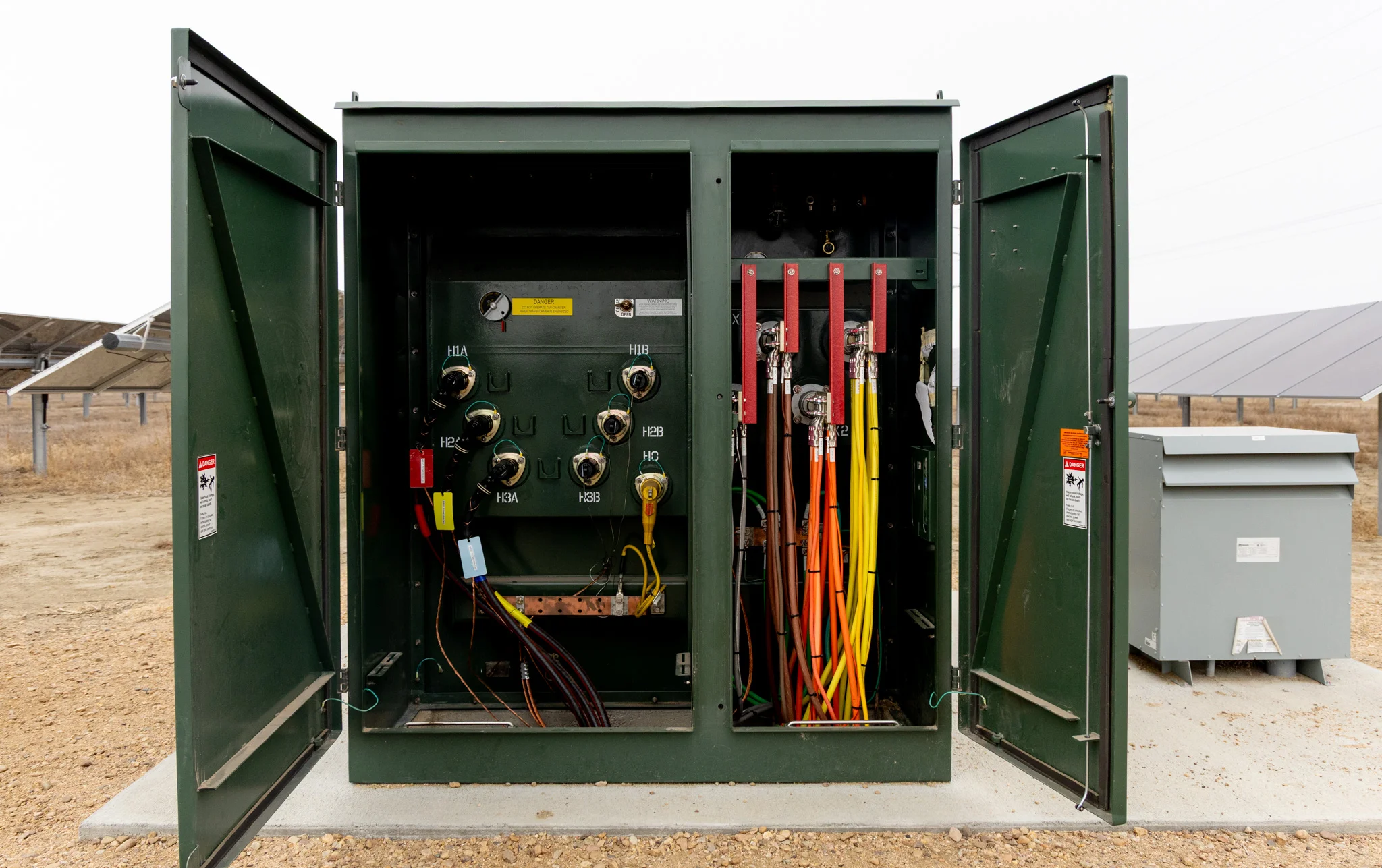 One of two 2500 kVA transformers at the solar facility, which increase voltage so electricity can travel through powerlines to the distribution center. Photo: Priya Shahi, Rocky Mountain PBS