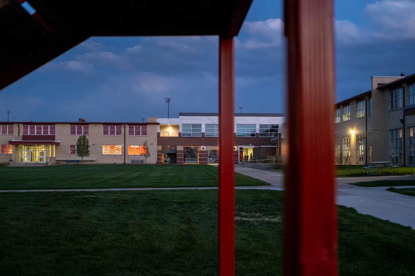 Dusk falls over the Community College of Aurora Lowry Campus in Denver. Photo: Eli Imadali, Chalkbeat