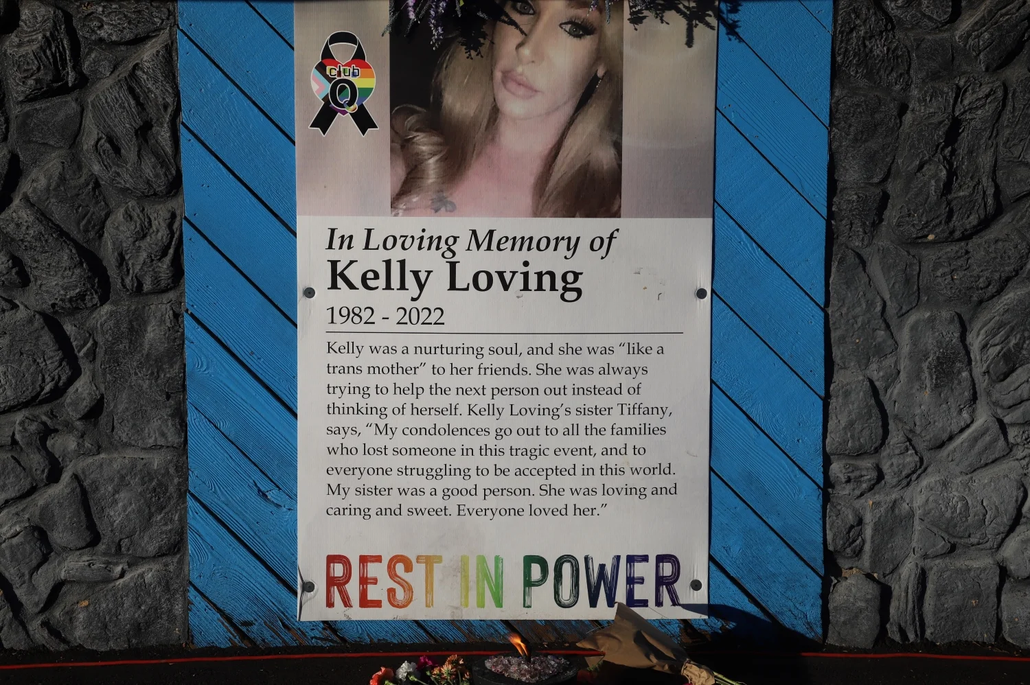 Kelly Loving's memorial outside of Club Q. Photo: Alec Berg, Rocky Mountain PBS