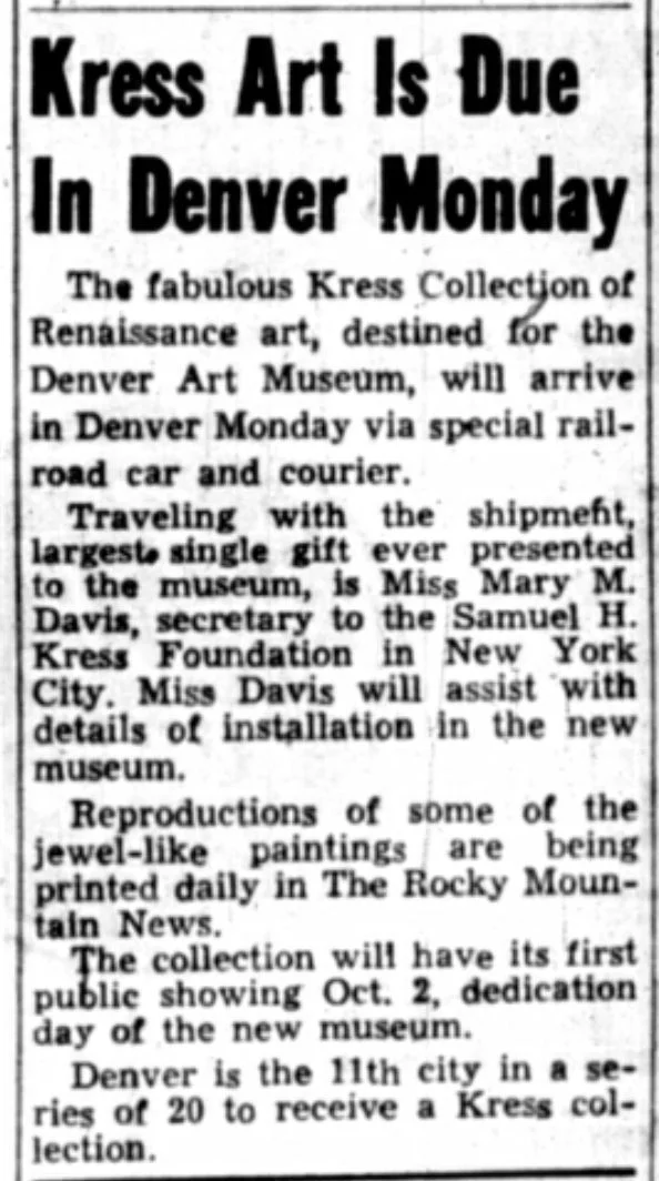 News clippings from Rocky Mountain News on Sunday, September 19, 1954 (first) and Tuesday, September 21, 1954 (second) covering the arrival of the Kress collection.