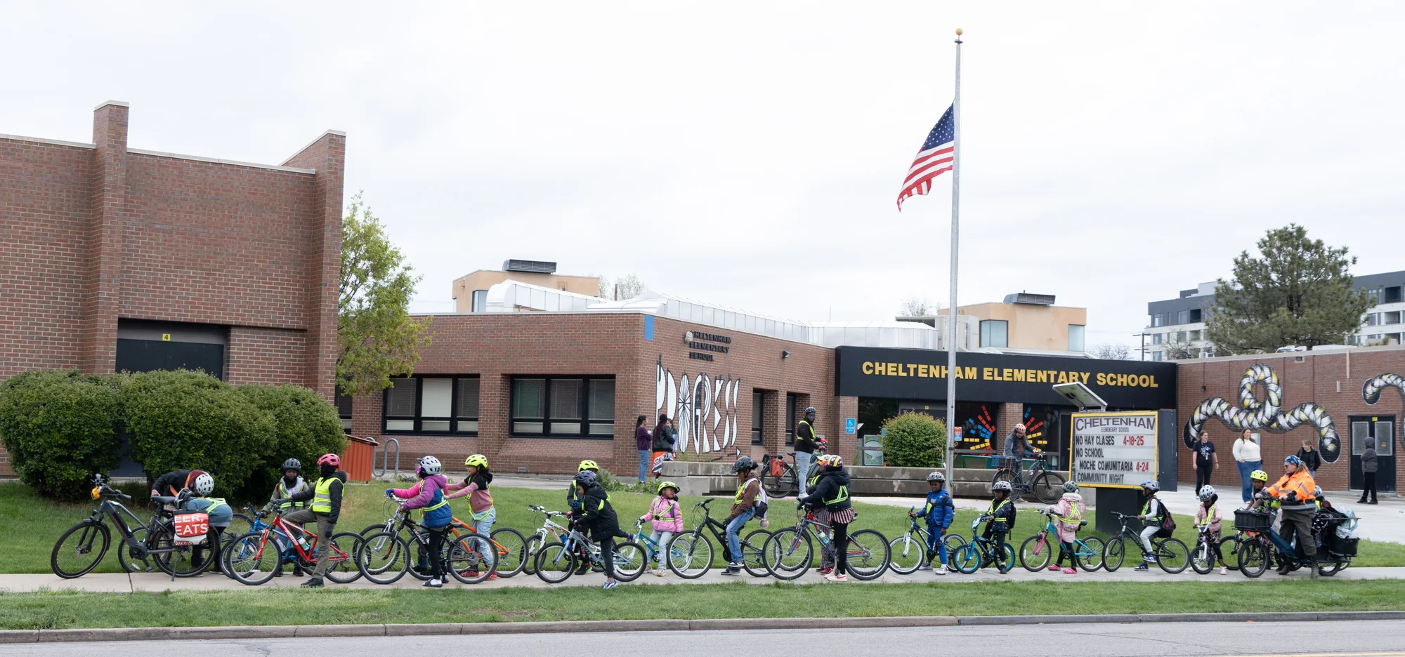 The Cheltenham Elementary School bike bus is the only one in Denver not organized and run by parents. It’s fully staffed by volunteers and community members.  Photo Andrea Kramar, Rocky Mountain PBS