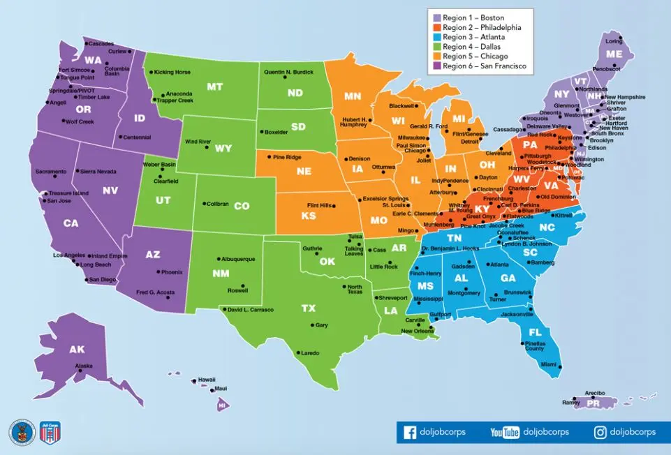 Job Corps center locations as shown on the Department of Labor website.