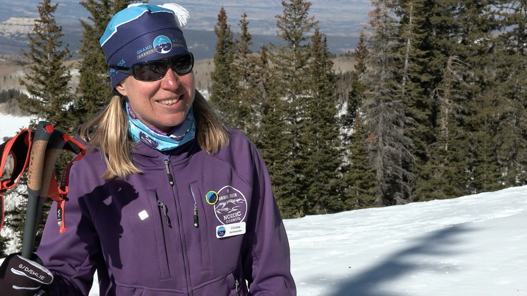 Grand Mesa Nordic Council executive director Christie Aschwanden poses for a photo while skate skiing on the Grand Mesa. Photo: Joshua Vorse, Rocky Mountain PBS