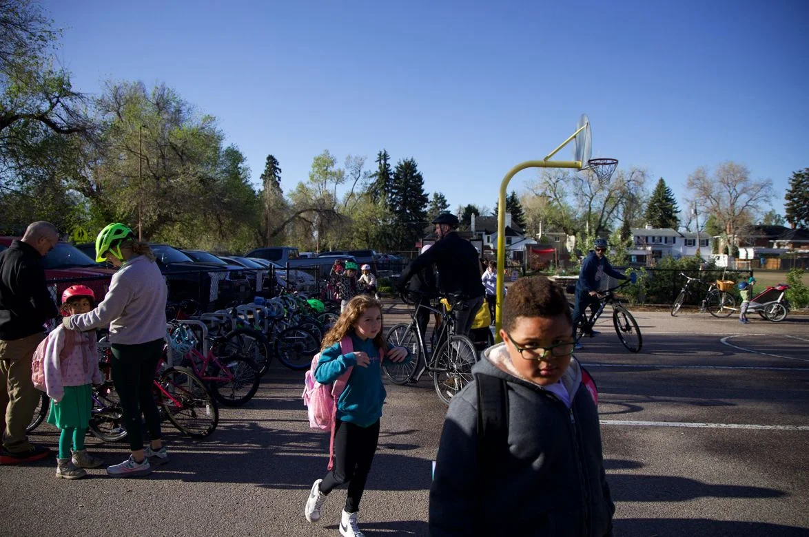 The bike racks at Park Hill Elementary School are almost full with bikes since the bike buses at the school started this past October. Photo: Andrea Kramar, Rocky Mountain PBS