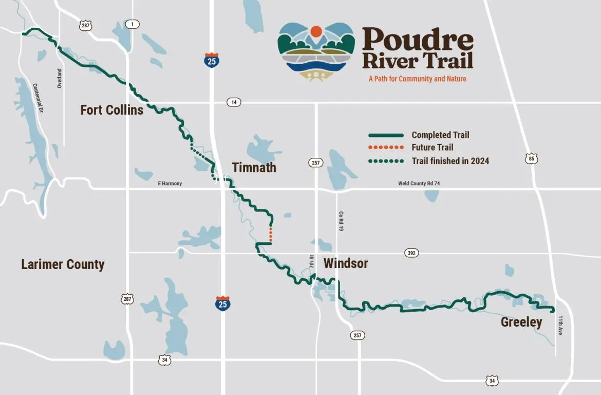 A map shows the final gaps in the Poudre River Trail, which runs from Bellveue, Colorado to Greeley, Colorado. Photo courtesy Larimer County