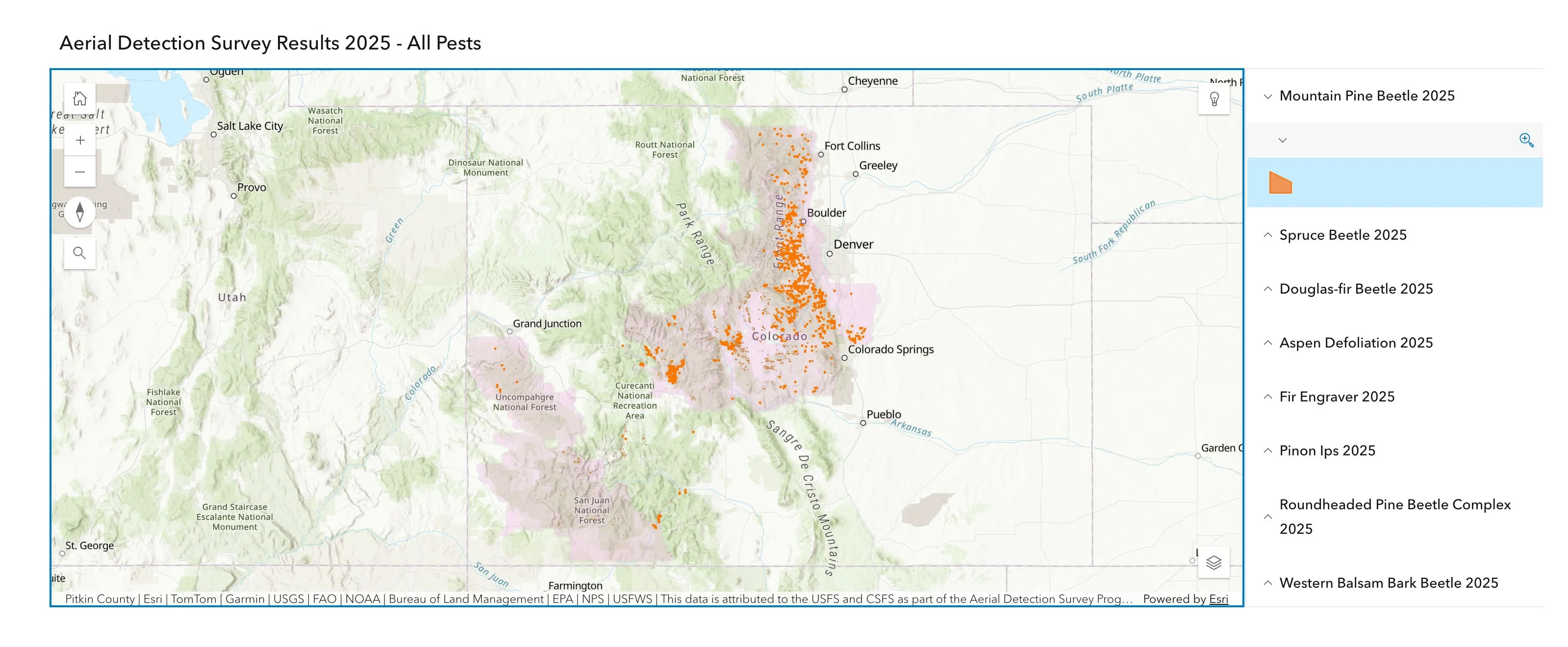 Pink area depicts land surveyed from the air in 2025, and orange dots show pine beetle-impacted areas. Graph courtesy Colorado State Forest Service