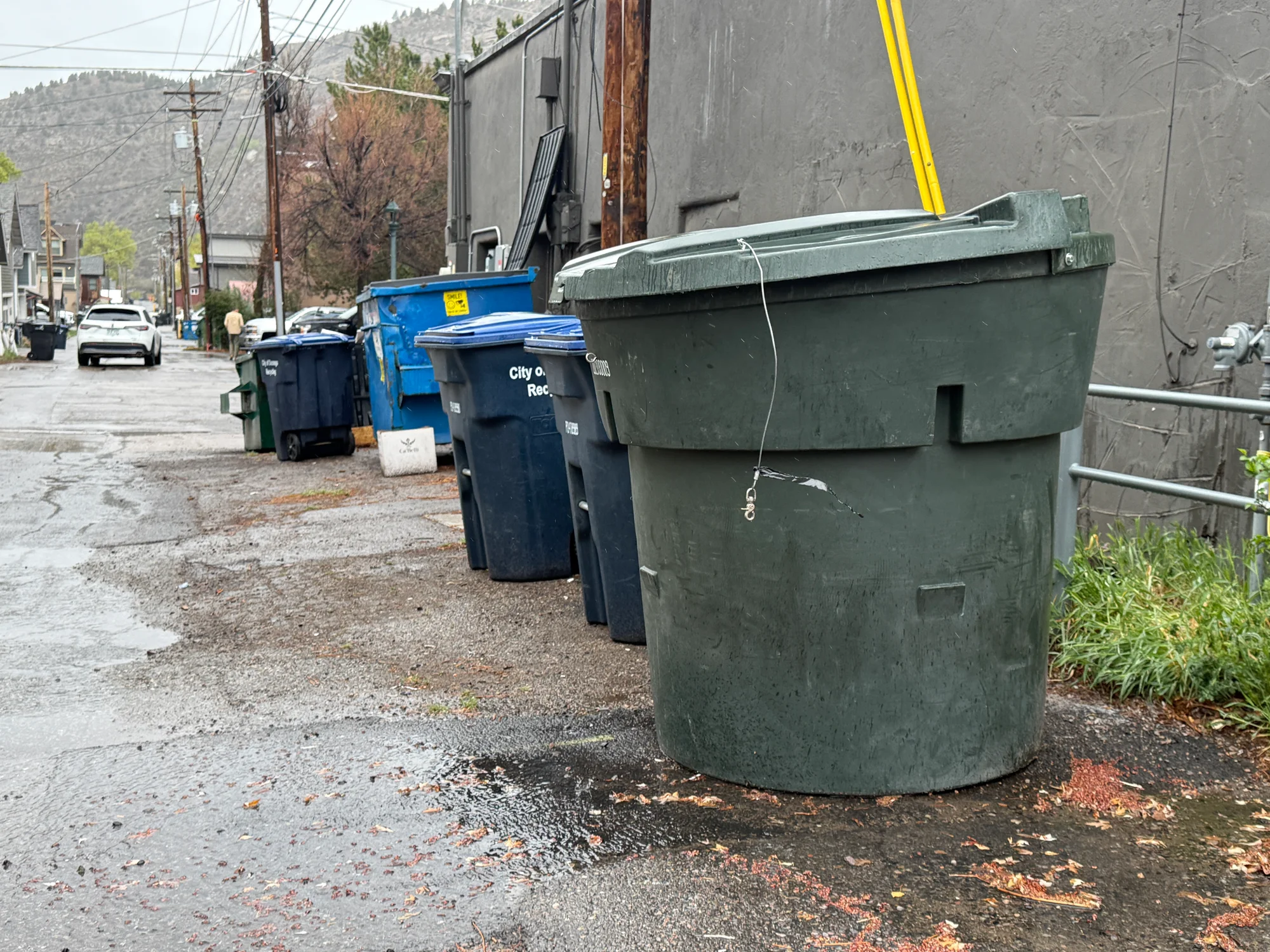 An improperly latched trash can in Durango. Photo: Ziyi Xu, Rocky Mountain PBS