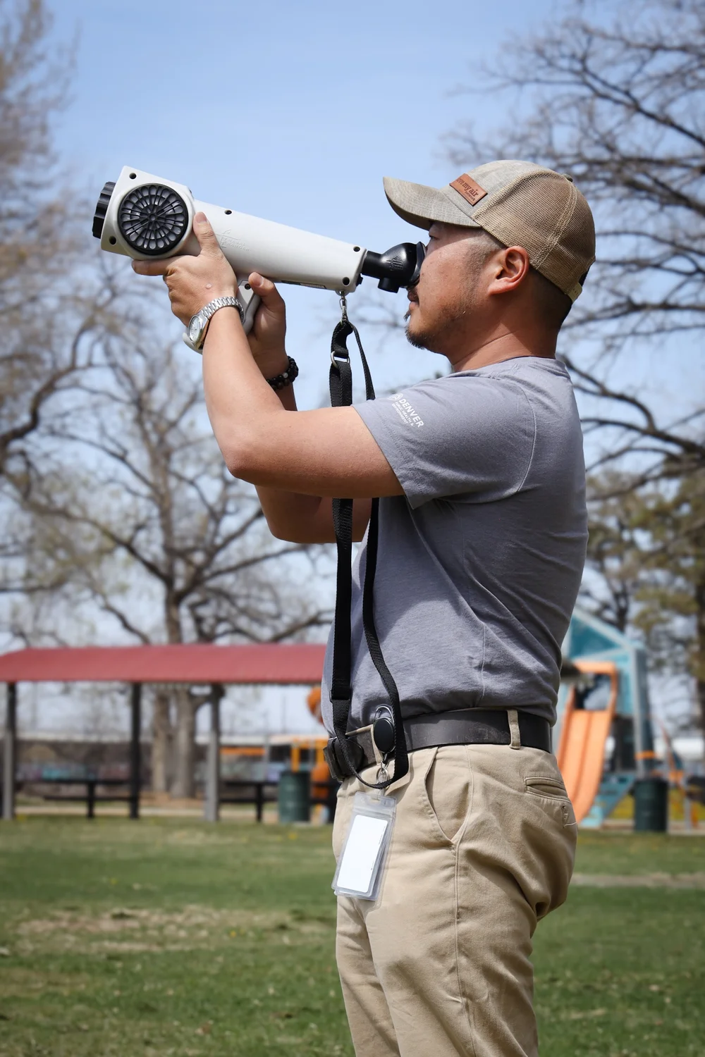 Mark Peterson, an investigator with the Denver Department of Public Health demonstrates how he uses a Nasal Ranger sniffing device to quantify the strength of odors. Photo: Cormac McCrimmon, Rocky Mountain PBS