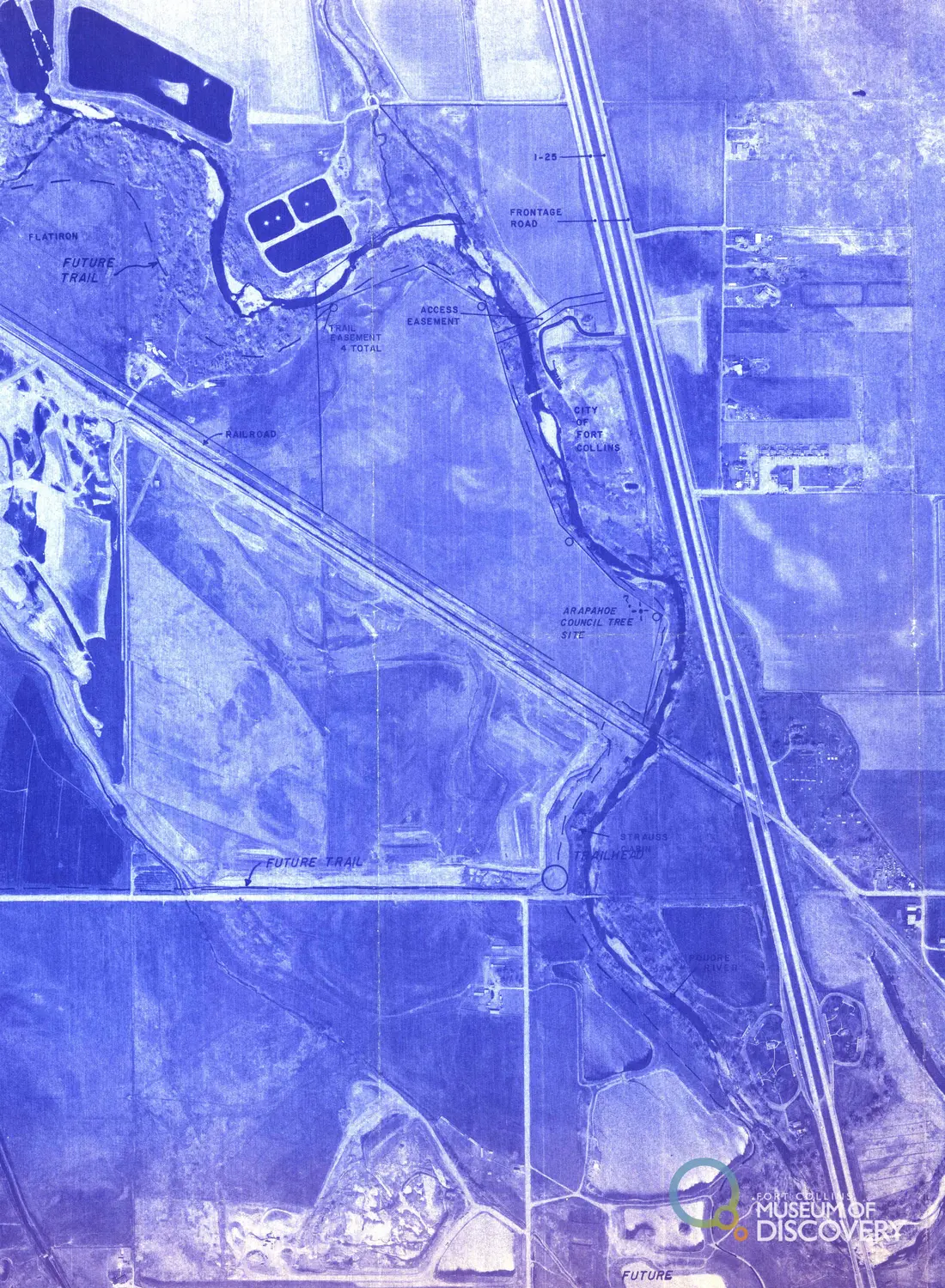 An aerial map from the 1980s shows plans for the Poudre River Trail in Fort Collins. Photo courtesy City of Fort Collins History Connection