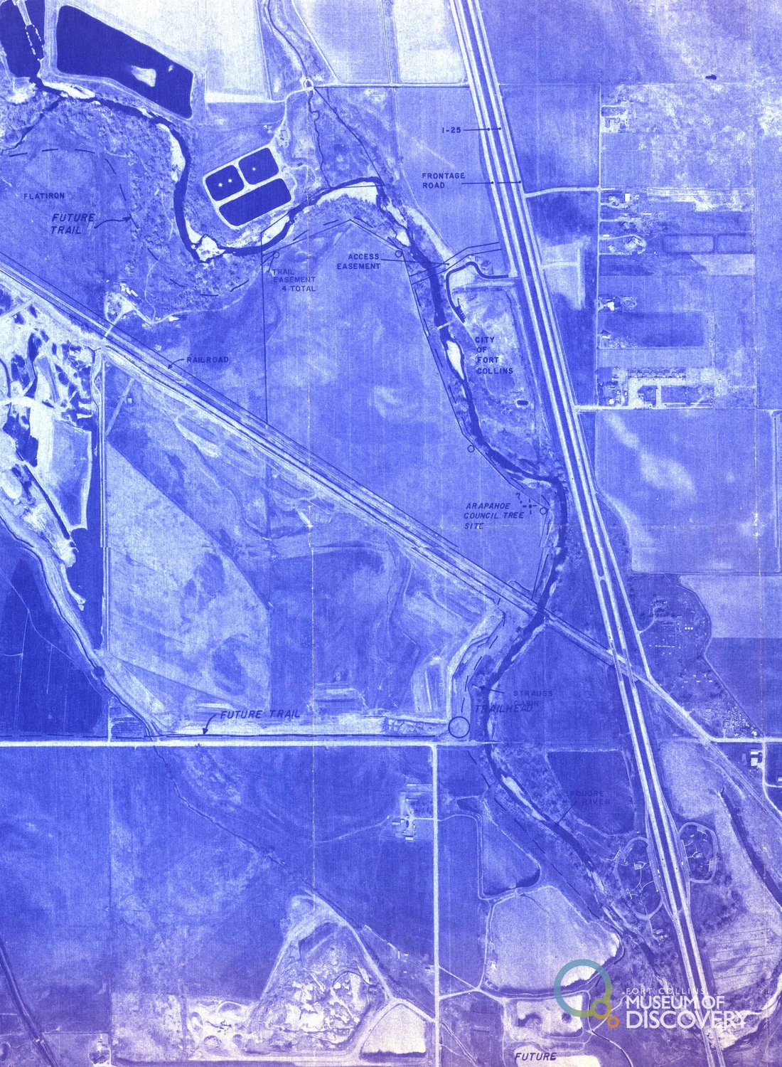 An aerial map from the 1980s shows plans for the Poudre River Trail in Fort Collins. Photo courtesy City of Fort Collins History Connection