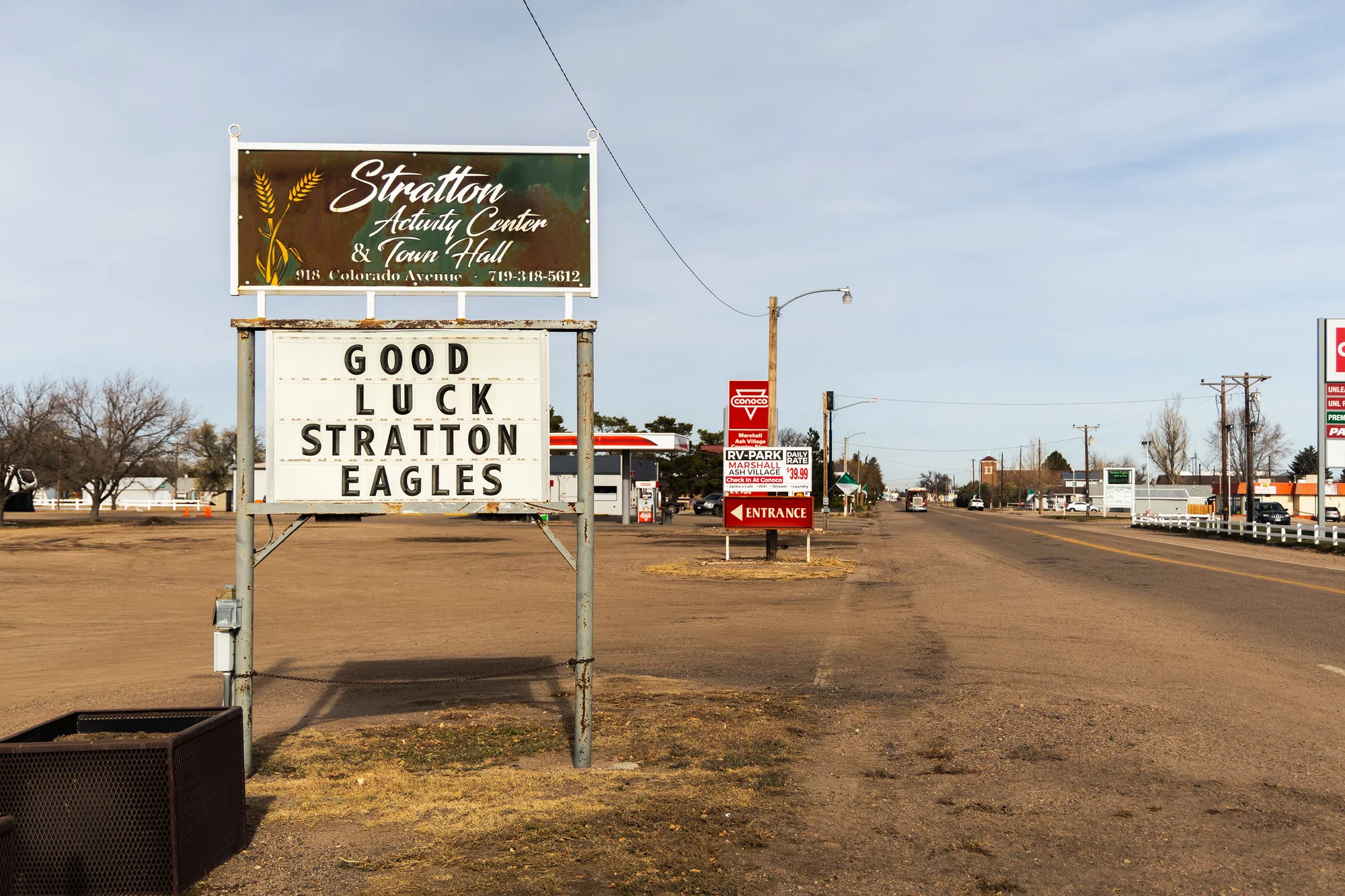 Signs and flags cheering on the Eagles permeate the small town of Stratton. Photo: Chase McCleary, Rocky Mountain PBS