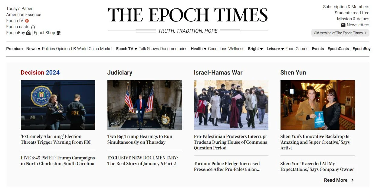 A screenshot of the Epoch Times homepage taken Feb. 14, 2024, shows a vertical dedicated to Shen Yun, an anti-communist dance troupe founded by Falun Gong practitioners.