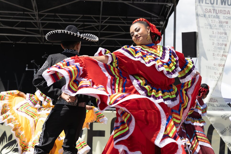 Dancers from the In Lak’ech Denver Arts Youth Folklorico program performing at Cinco de Mayo