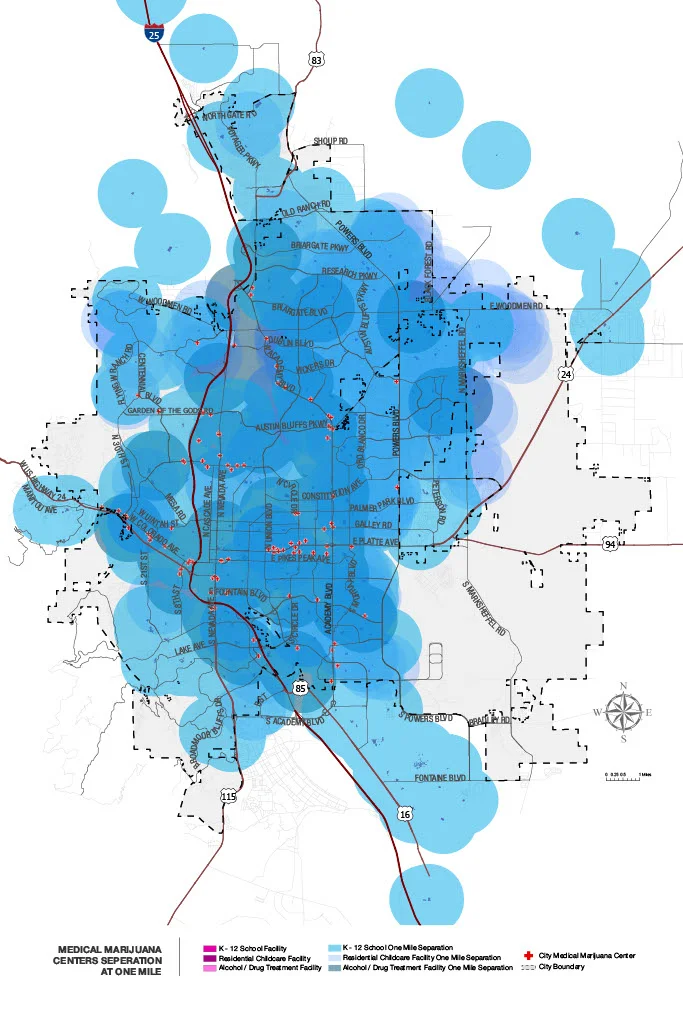 This map shows all the areas where establishments selling recreational marijuana would not be allowed, the blue circles indicating what is within a 1-mile radius of the above-listed locations. Photo: Colorado Springs City Council