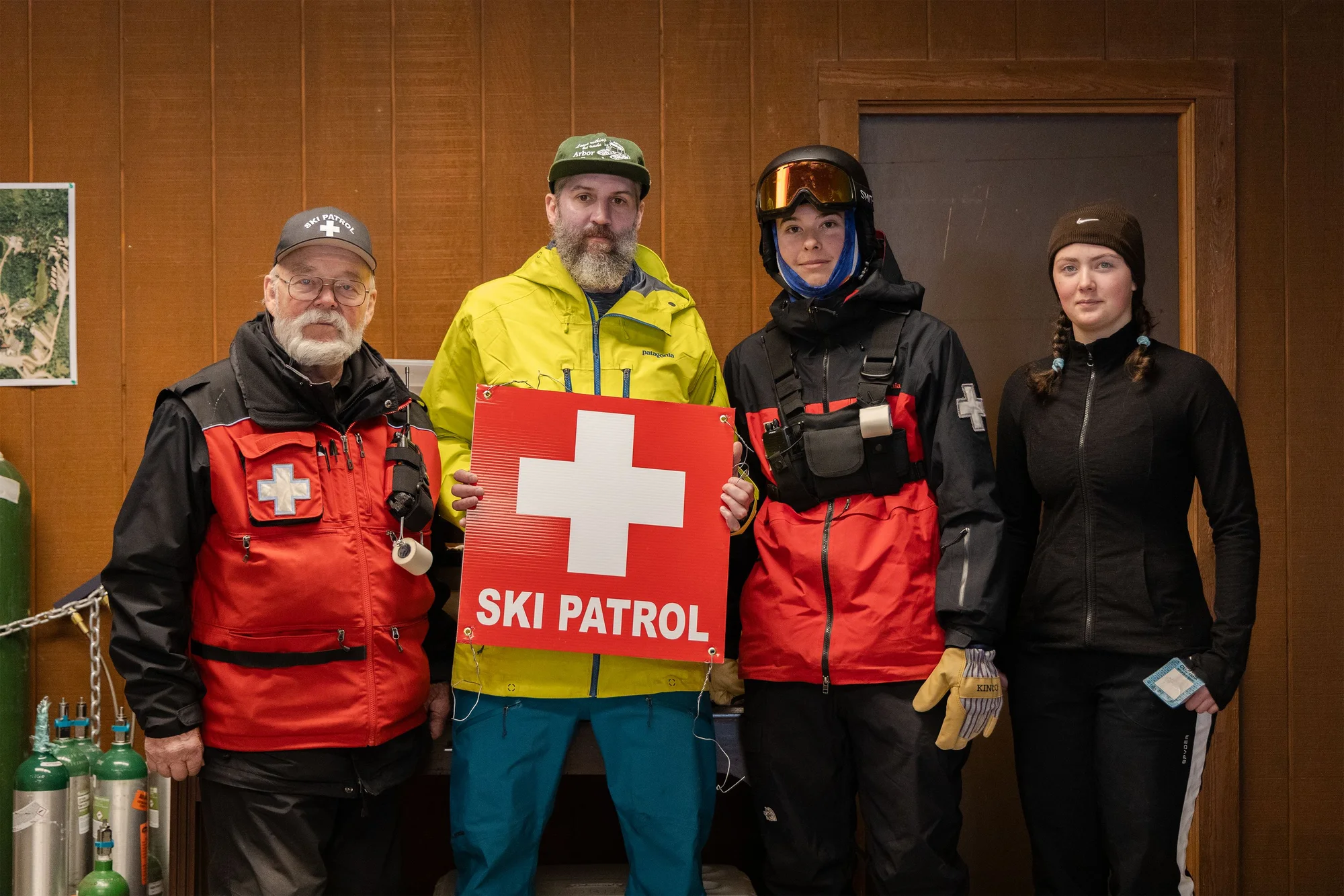 Many volunteer ski patrollers fit shifts in between their other jobs, like Gabriel Tristain, who works as a nurse in Colorado Springs, and Sean Nossaman, who works with Teller County Search and Rescue in Woodland Park. Pictured left-to-right: Robin Johnson, Sean Nossaman, Gabriel Tristain, Annabelle Clayton Photo: Chase McCleary, Rocky Mountain PBS