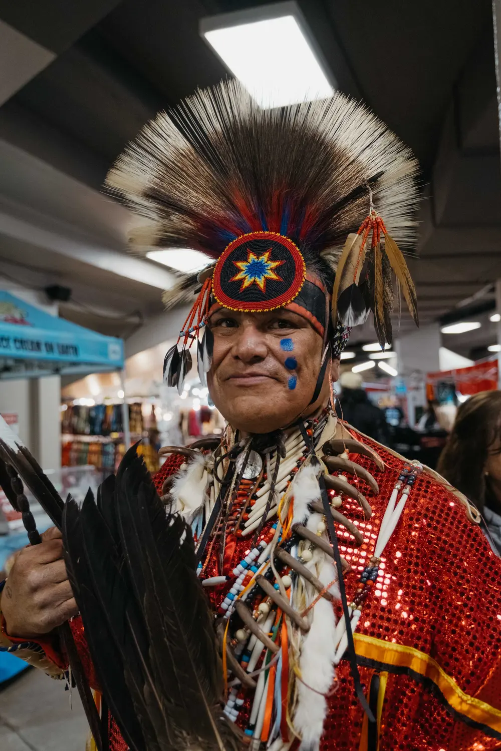 Verdell Collins Runsabove received many elements of his regalia from family members, which is wears to honor them when he dances. Photo: Peter Vo, Rocky Mountain PBS