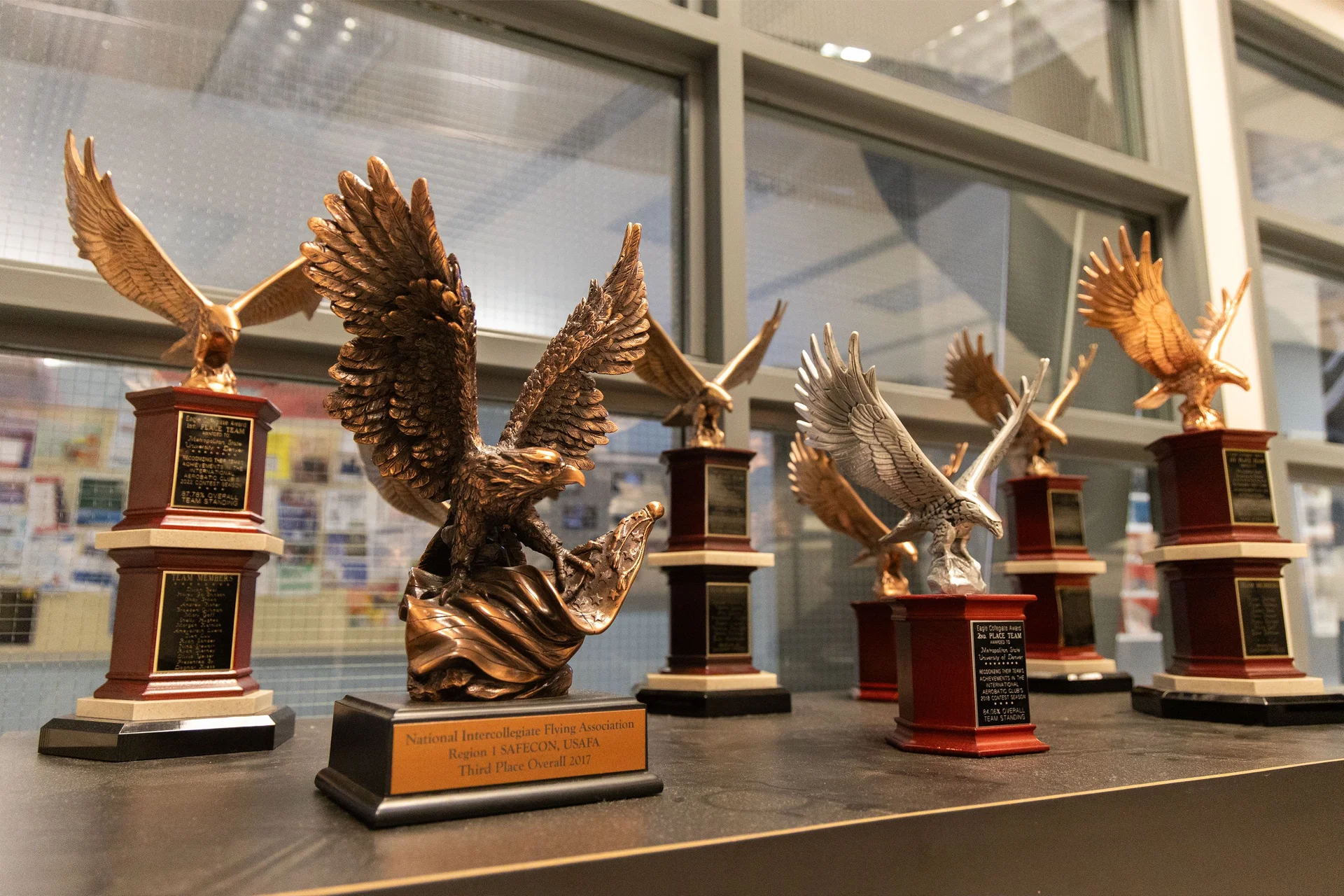 The MSU Denver aerobatics trophy shelf is full of first, second and third place finishes from the Collegiate National Aerobatic Championship.  Photo: Chase McCleary, Rocky Mountain PBS