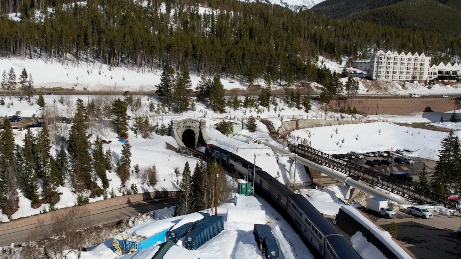 The ski train has always traveled through the 6.2 mile-long Moffat Tunnel, which was completed in 1928. The west side of the tunnel faces the base of Winter Park Resort. Photo: Jeremy Moore, Rocky Mountain PBS