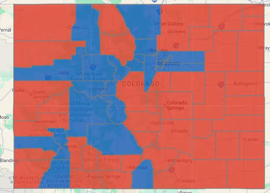 A map showing the 2024 presidential election results in Colorado. Counties in red voted for Trump. Screenshot courtesy The Colorado Sun