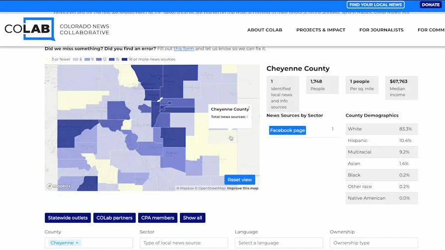 The Colorado News Mapping Project lists news sources available in each of Colorado’s 64 counties, as determined by Hutchins and his students. Photo: Chase McCleary, Rocky Mountain PBS