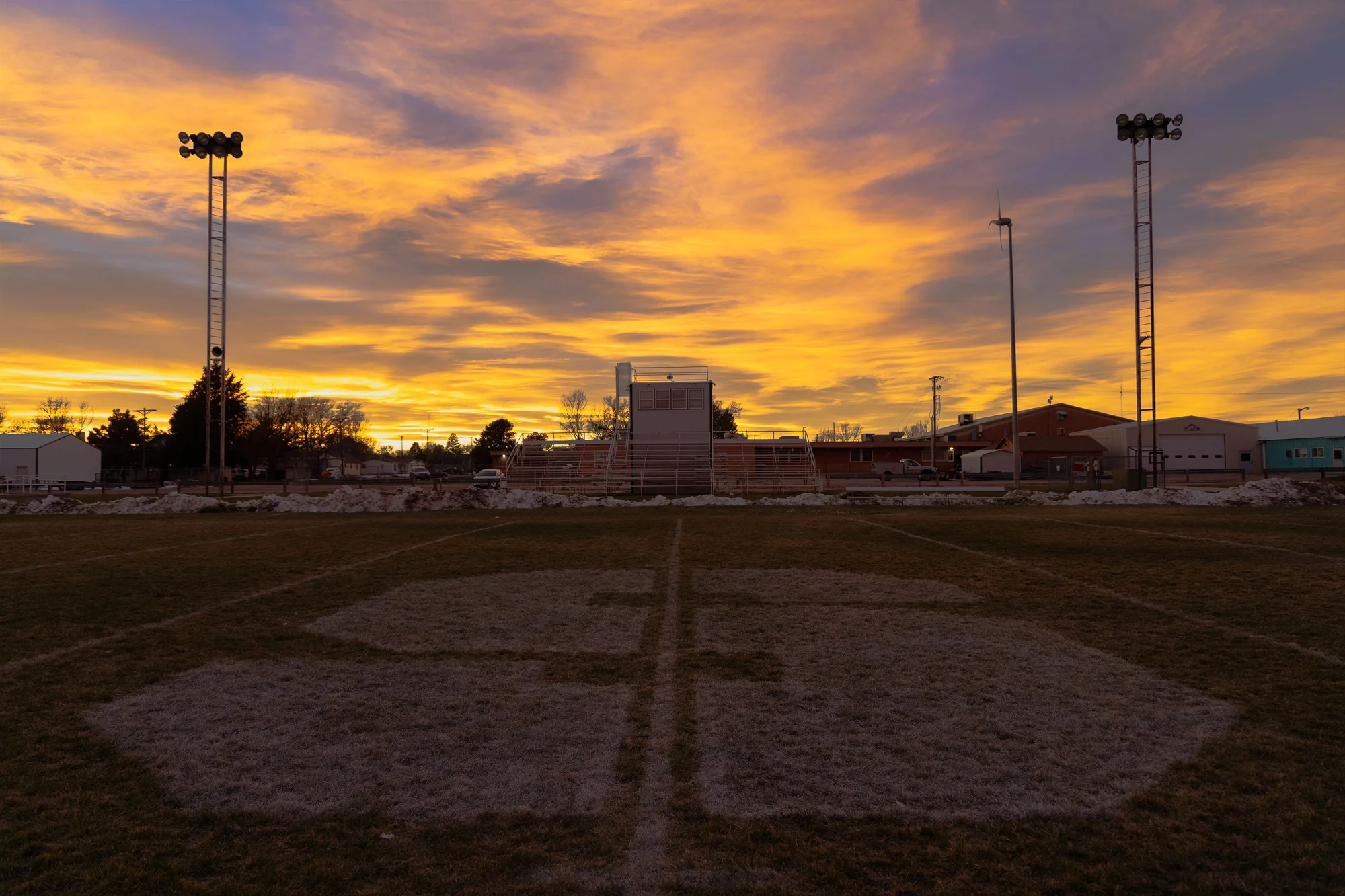 The sun sets after a Stratton victory of 49–32, sending the Eagles to their eighth consecutive 6-man championship.  Photo: Chase McCleary, Rocky Mountain PBS