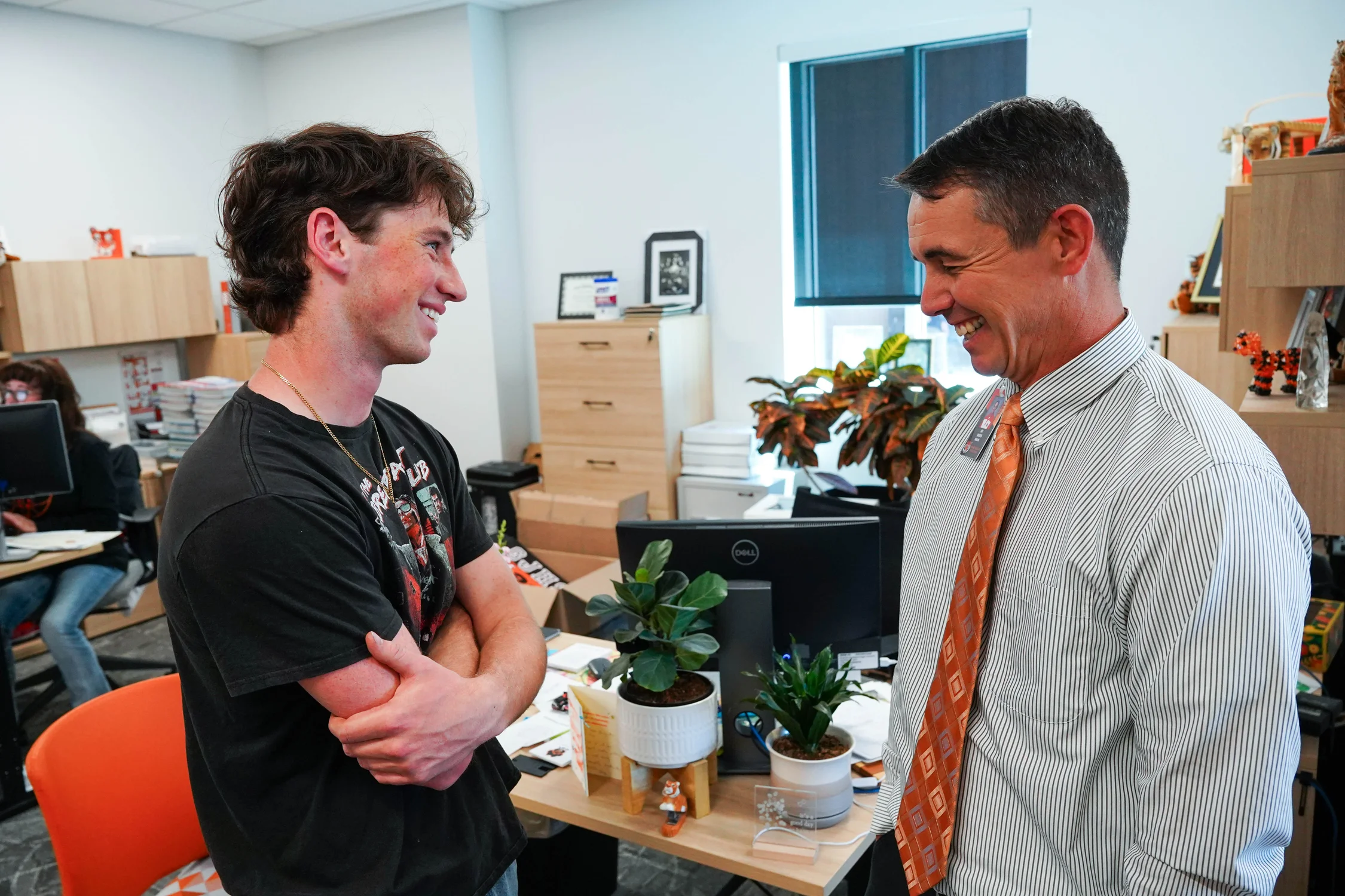 Sorensen talks with Lynch in the office at Grand Junction High School. Photo: Joshua Vorse, Rocky Mountain PBS