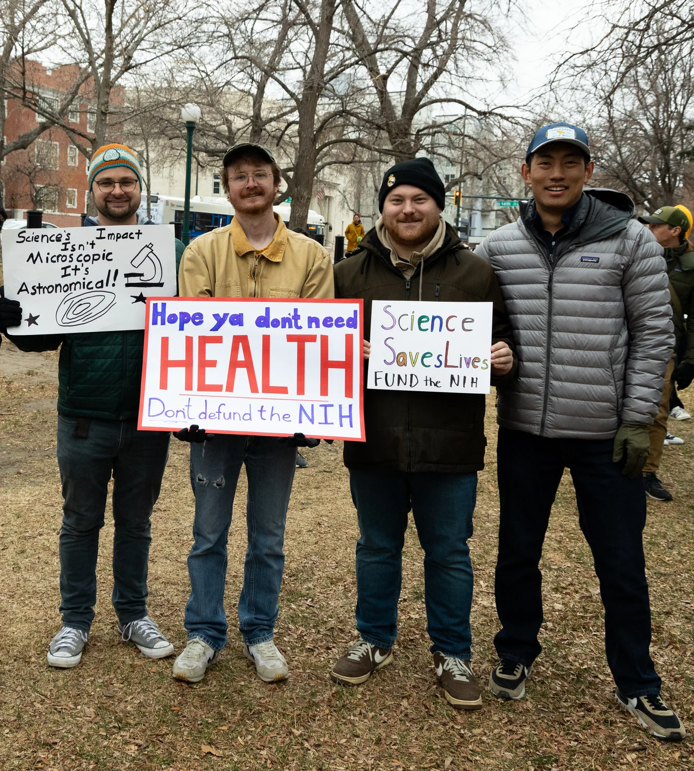 CU Anschutz researchers Tristan Paul, Dan Enders, Luke Blecker and Luyi Gao attended the “Stand Up for Science” protest at the Colorado Capitol March 7. Photo: Carly Rose, Rocky Mountain PBS