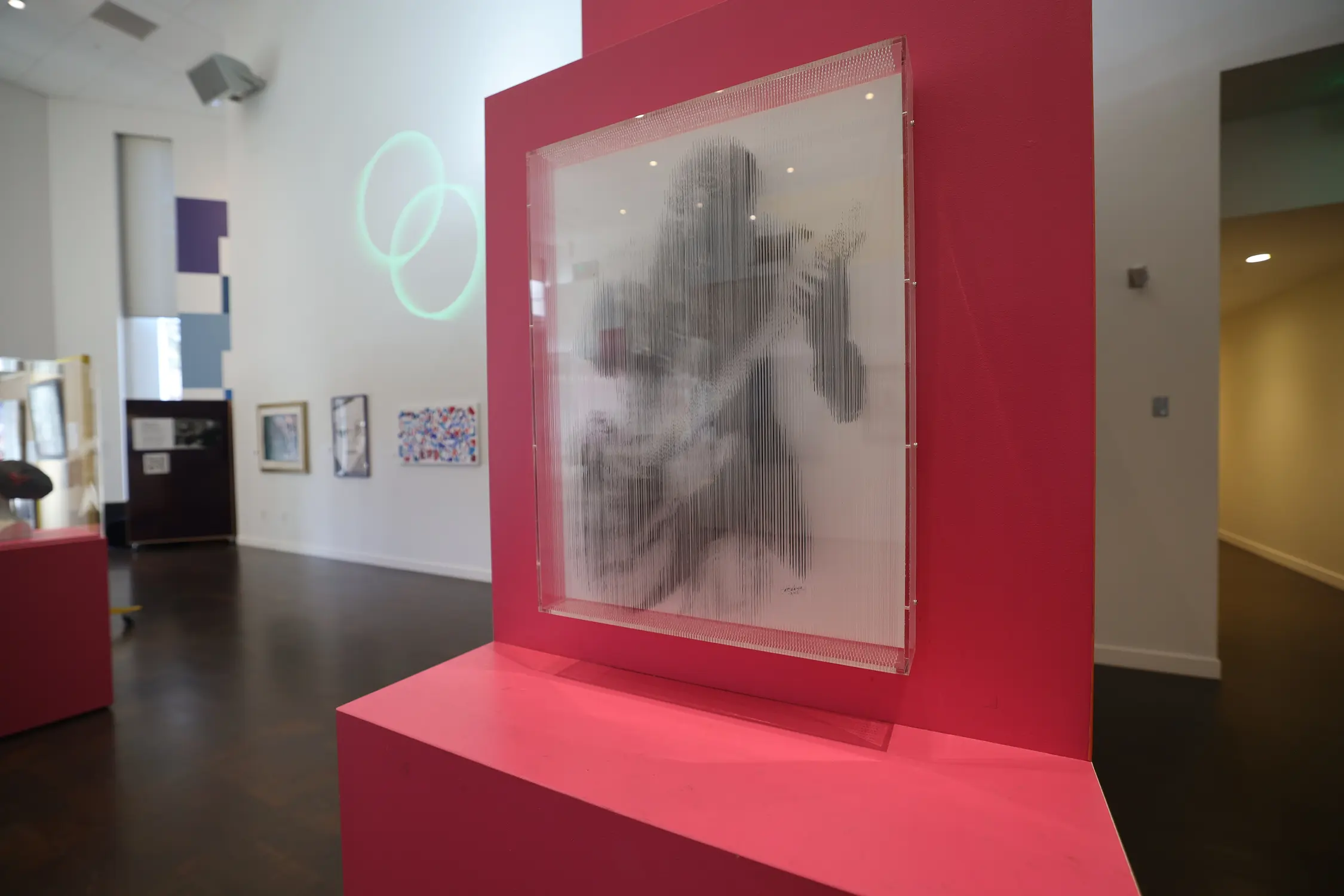 "Blues Man," Jim Stevens' monofilament string painting, hanging in the Denver Art Museum. The painting is one of dozens that make up the "Beyond The Military: From Combat to Canvas" exhibit. Photo: Sarah Shoen, Rocky Mountain PBS