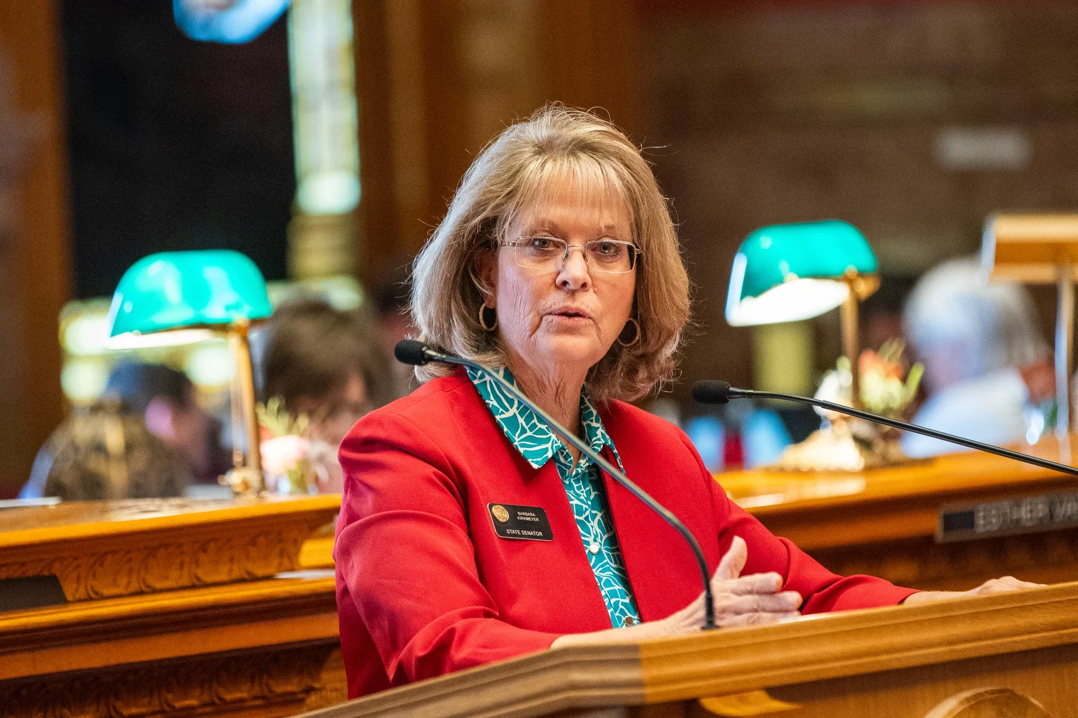 State Sen. Barbara Kirkmeyer said overspending has led to the current state budget deficit that faces lawmakers. Kirkmeyer is pictured here on Aug. 29, 2024 during floor debate over property taxes in a special session. Photo: Hart Van Denburg, CPR News