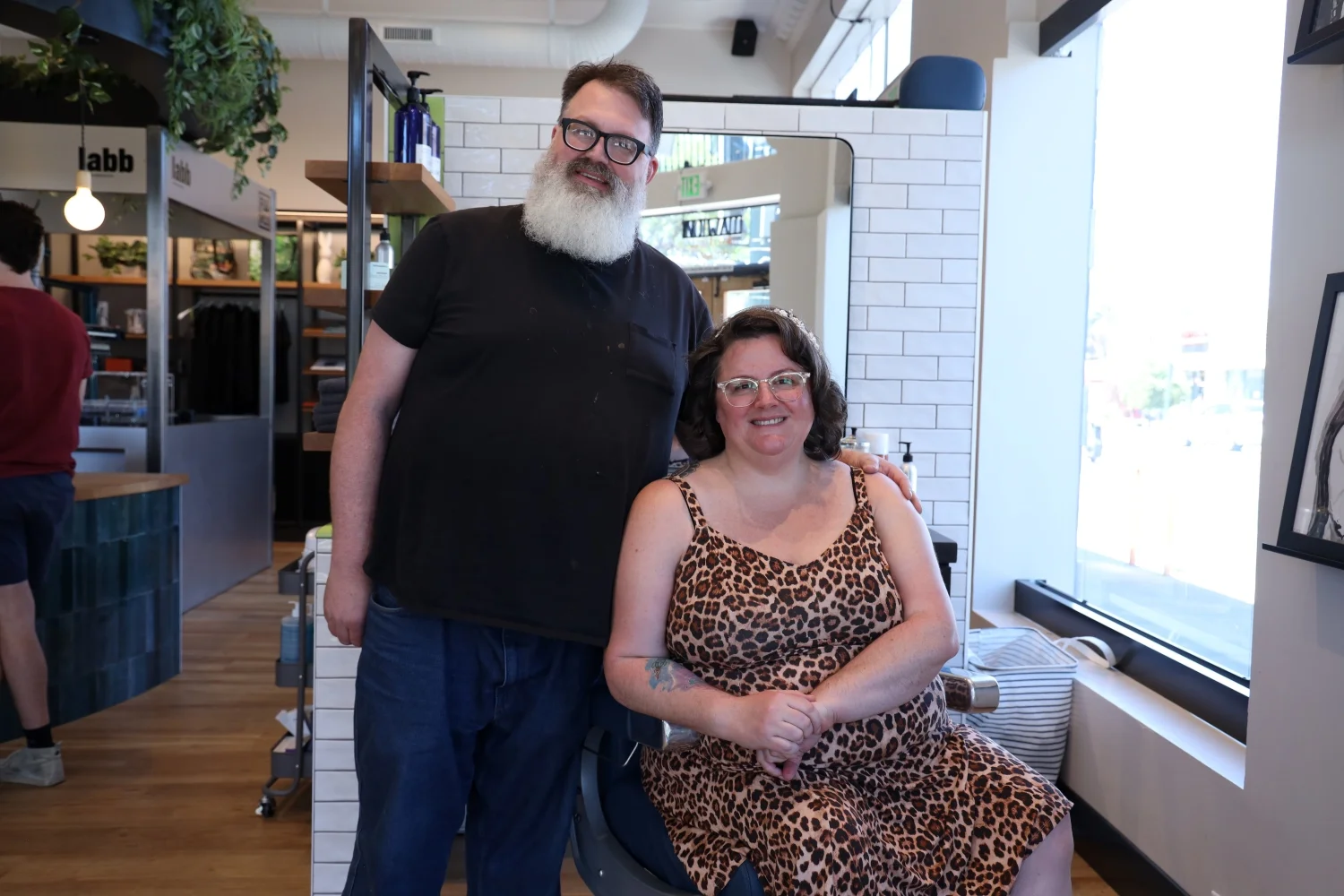 Scot and Rachel Livingston both got their hair done at the shop on the morning of their wedding, in preparation for the ceremony later that day. Photo: Carly Rose, Rocky Mountain PBS